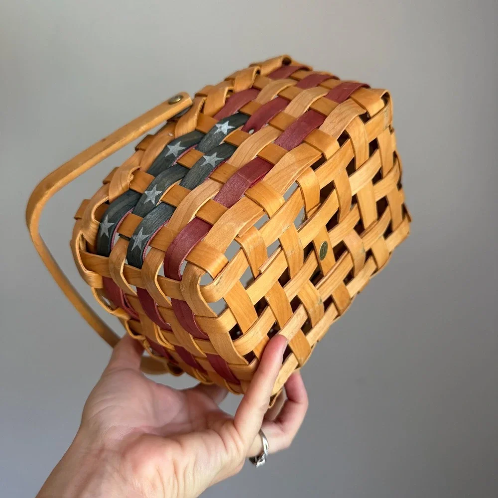 Americana Woven Wood Basket American Flag Stars and Stripes Picnic Decor 7.5in